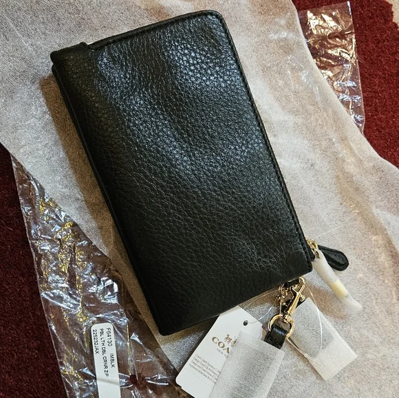Coach Double Corner Zip Wallet Embossed Black Pebble Leather Gold Tone Hdwr NWT - Picture 3 of 16
